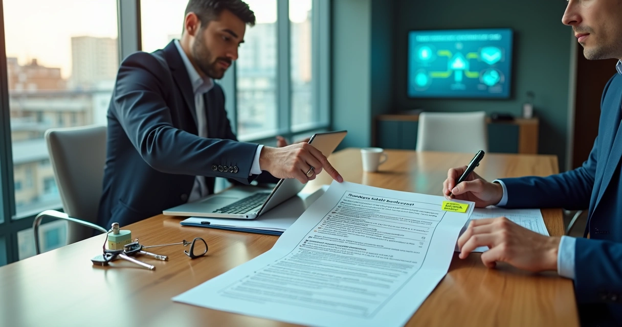 Locador e inquilina revisando contrato de aluguel digital em sala de reunião moderna
