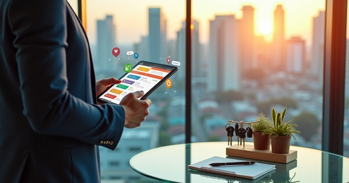 Administrador de imóveis usando tablet cercado por chaveiro digital e prédios urbanos