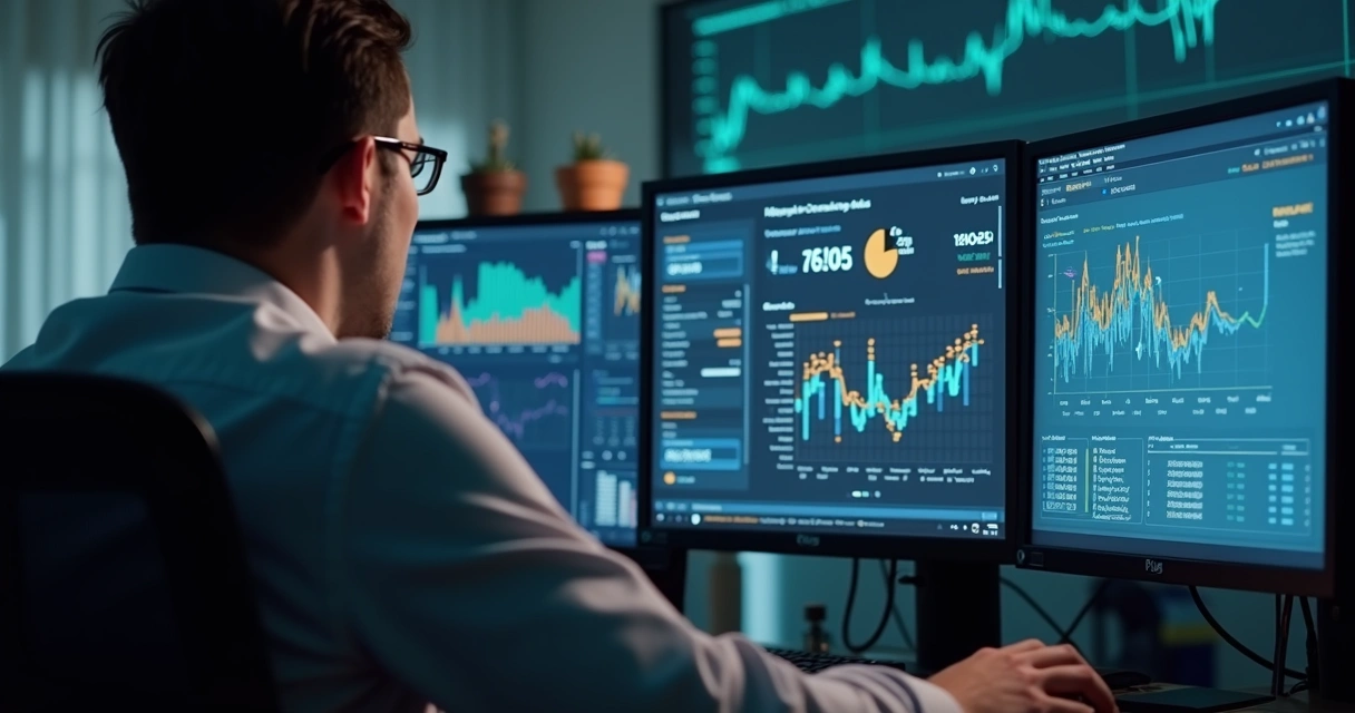 Pessoa usando computador com tela mostrando cálculo financeiro e contratos digitais de aluguel