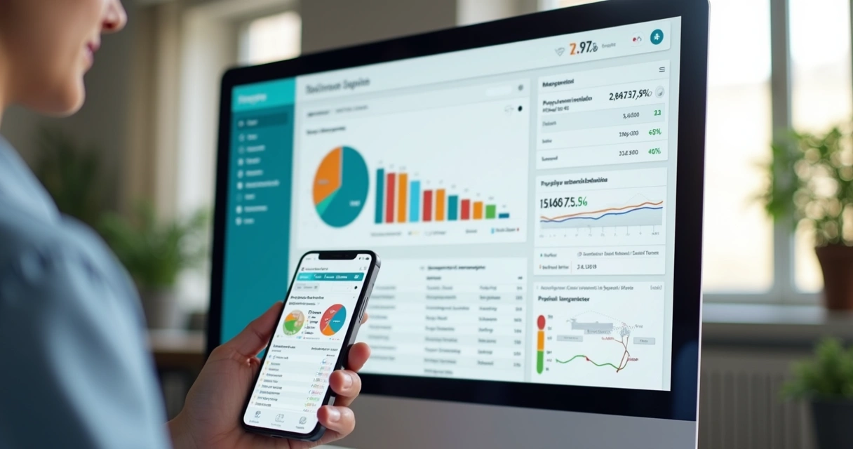 Dashboard digital de gestão de imóveis exibindo gráficos e relatórios