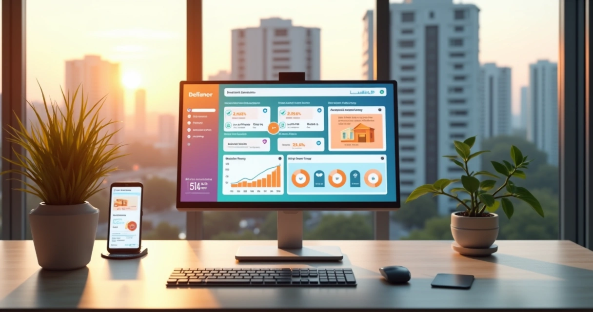 Dashboard de sistema de locação imobiliária com prédios ao fundo e repasses automáticos na tela