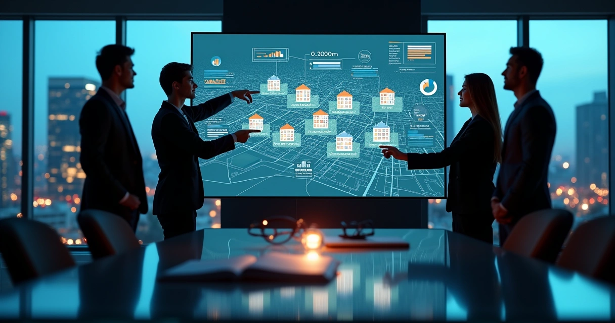 Gestor analisa mapa digital de imóveis em grande tela interativa
