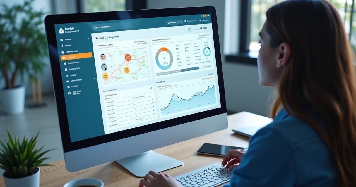 Dashboard digital mostrando a gestão de vários contratos e pagamentos de aluguéis em tela de computador