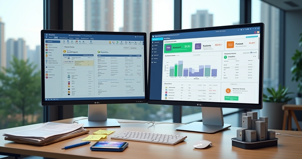 Divisão visual entre tela com banco de dados Access e software moderno de gestão de aluguel em escritório