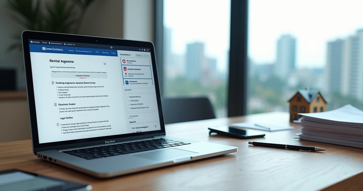 Proprietário revisando contrato de aluguel digital em notebook com assinatura eletrônica