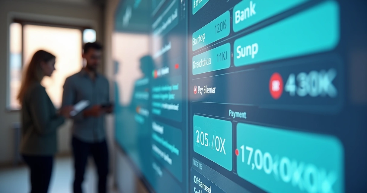 Painel de gestão imobiliária digital mostrando pagamentos PIX, boletos e alertas de cobrança via WhatsApp
