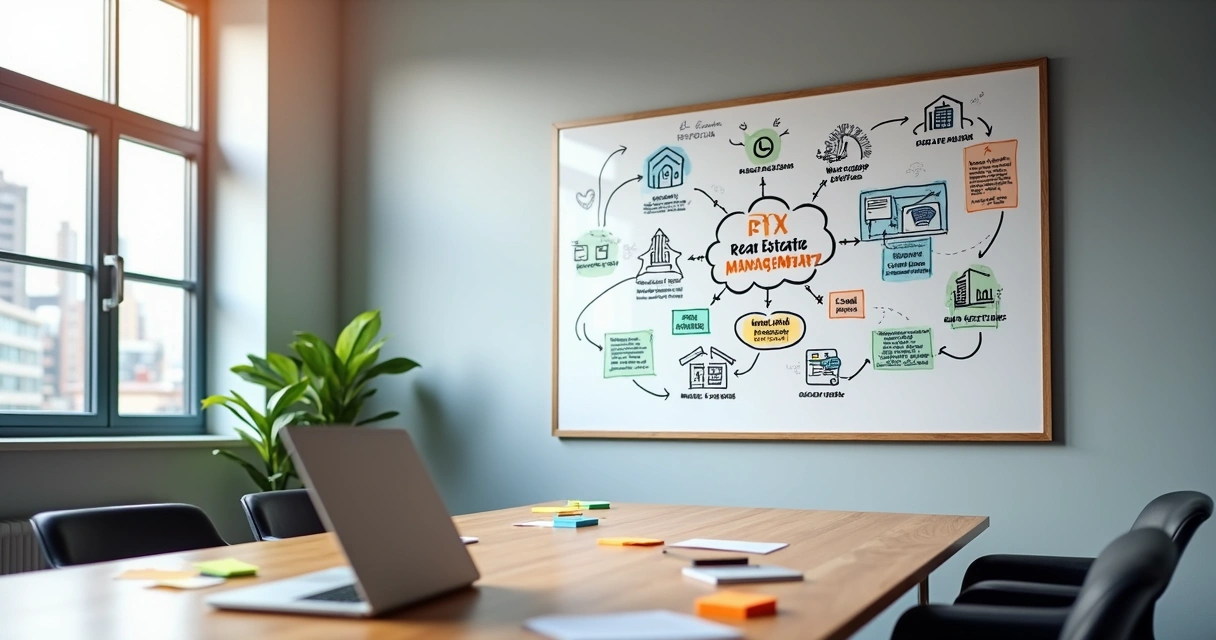 Quadro branco com mapa visual de funcionalidades de sistema imobiliário