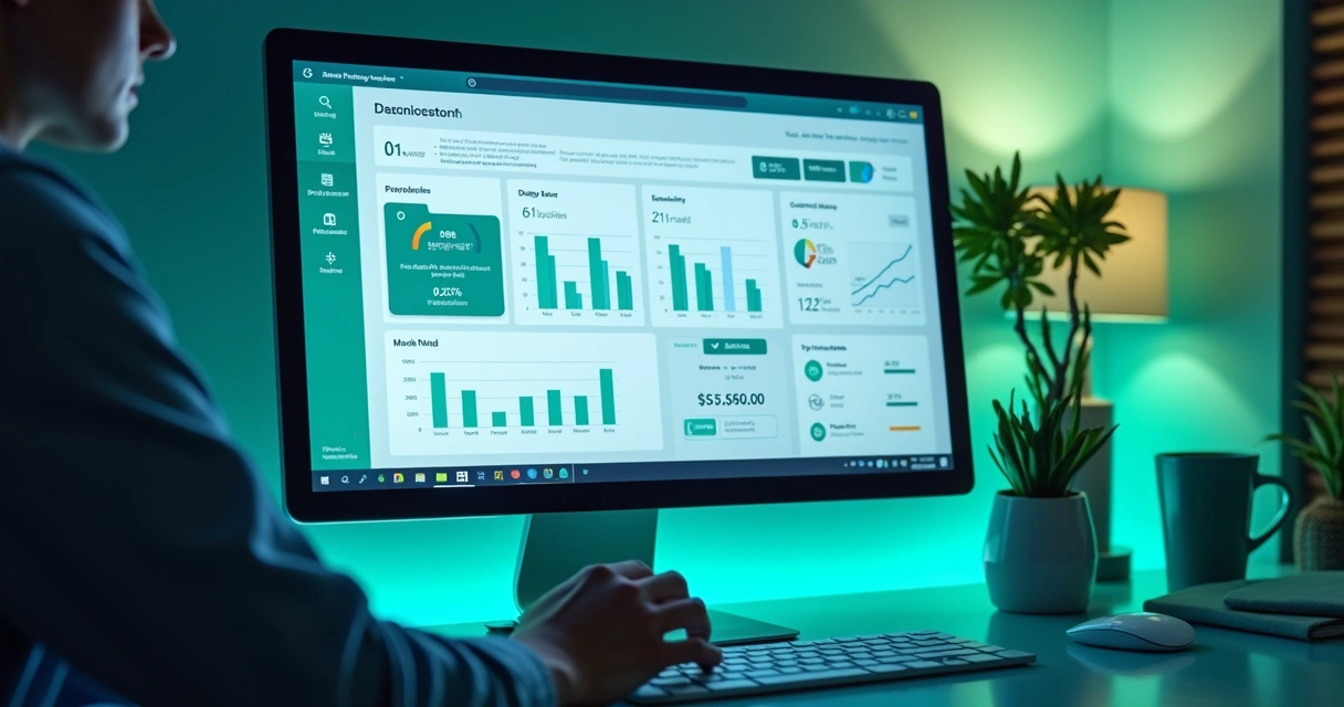 Painel digital de gestão com gráficos, boletos automatizados e ícones de automação. 