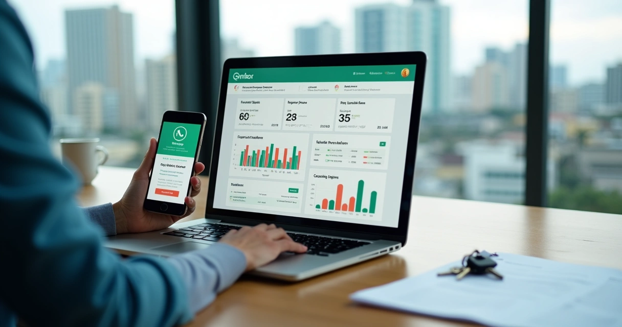 Corretor analisando sistema de gestão de aluguéis em notebook com dashboard imobiliário