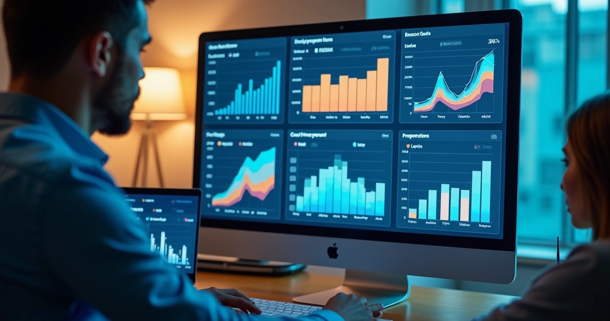 Dashboard digital com gráficos coloridos de aluguéis e relatórios gerenciais