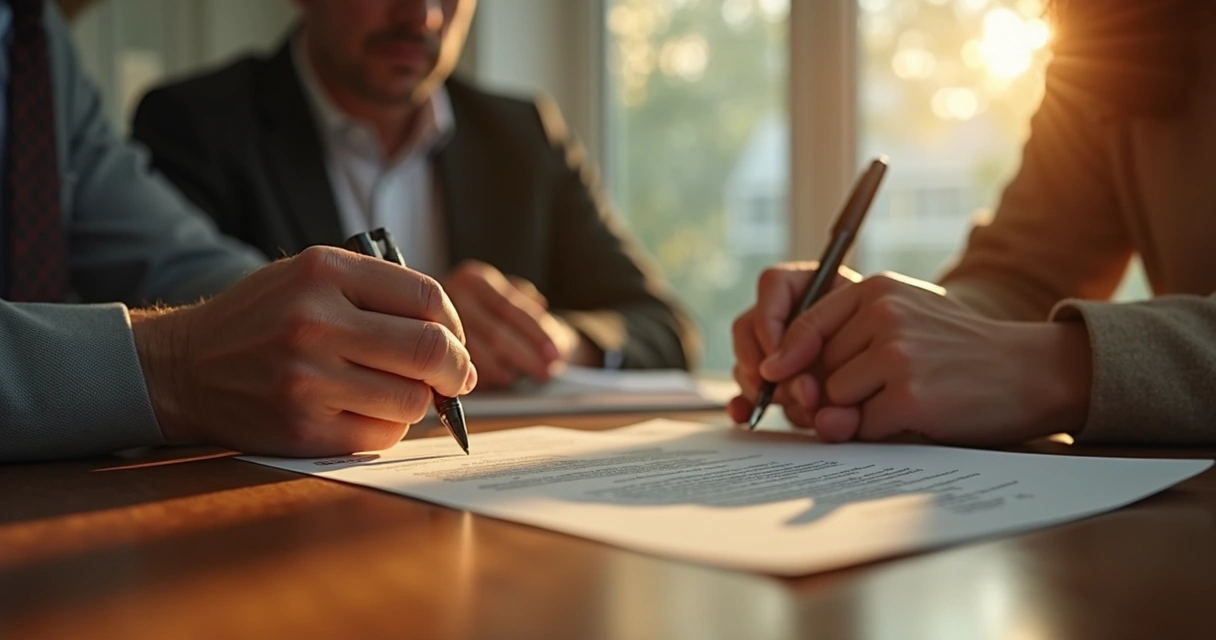 Contrato de aluguel com caução sendo assinado digitalmente por duas pessoas em mesa moderna