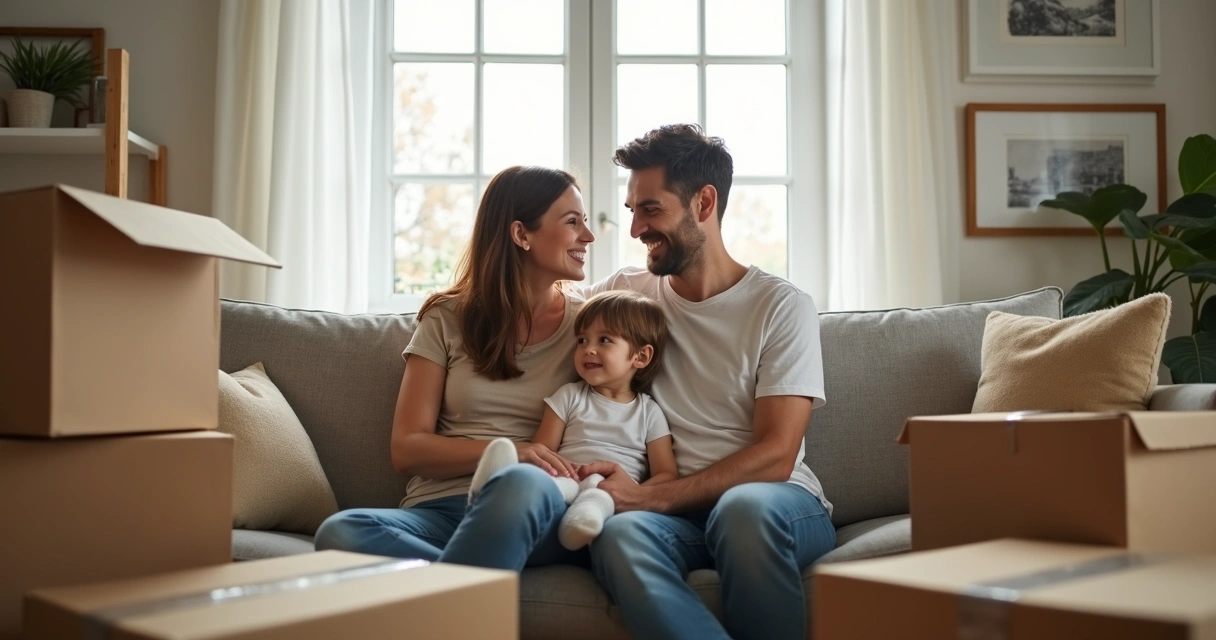 Família feliz na sala de sua nova casa alugada 