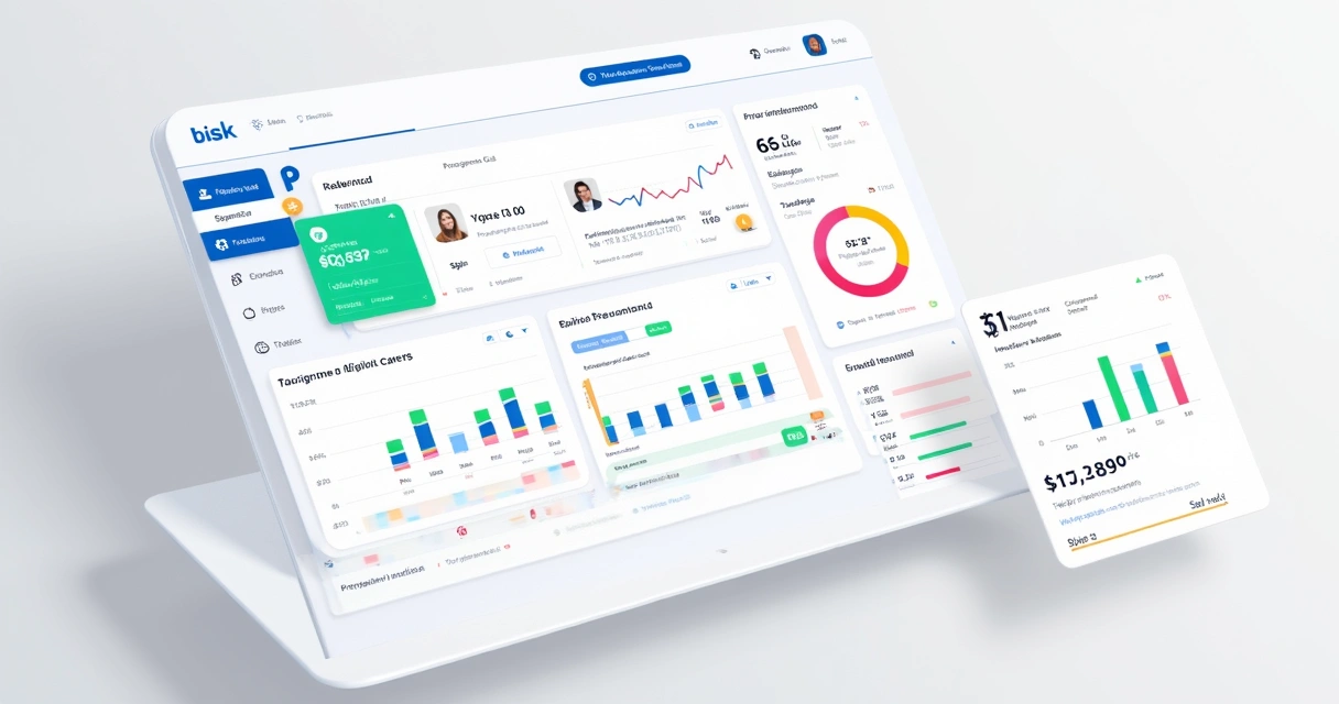 Dashboard digital com gráficos coloridos e boletos ao lado de notificações de WhatsApp