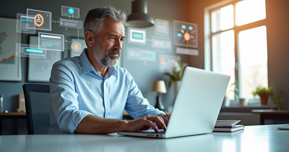 Homem usando notebook com tela de software imobiliário