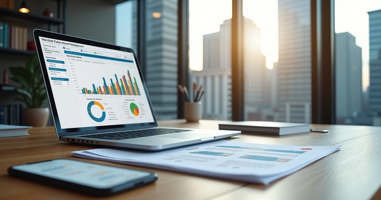 Mesa moderna com laptop aberto exibindo painel de gestão imobiliária digital, documentos e smartphone ao lado com gráficos de performance imobiliária na tela