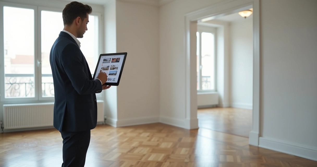 Corretor utilizando tablet para vistoria em imóvel residencial vazio 