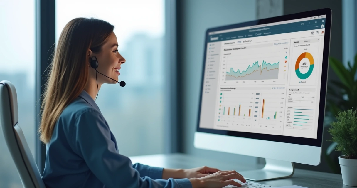 Atendente dando suporte digital a cliente imobiliário na tela do computador