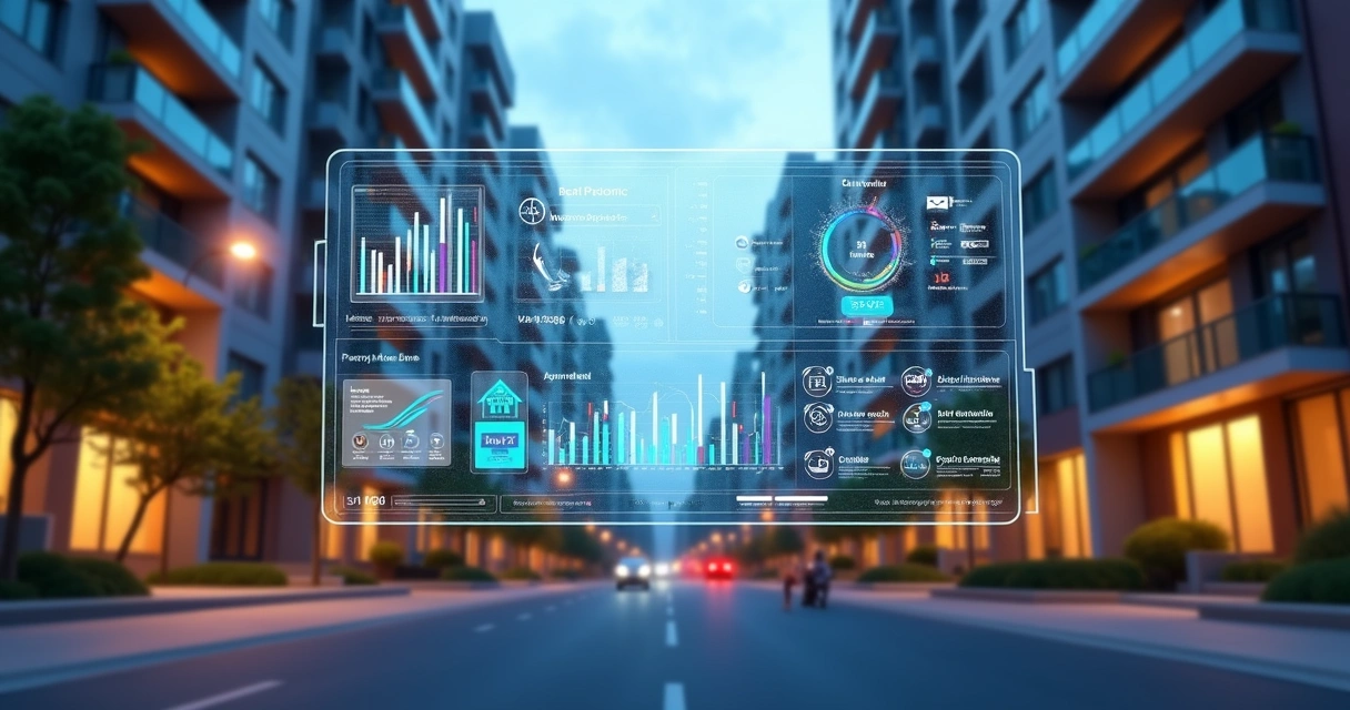 Painel digital flutuante com dados de locação à frente de prédios residenciais urbanos