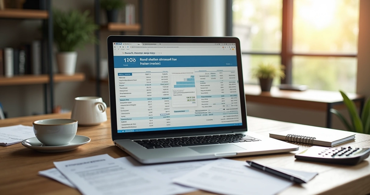 Mesa de trabalho com laptop exibindo planilha de aluguel e documentos fiscais organizados ao redor