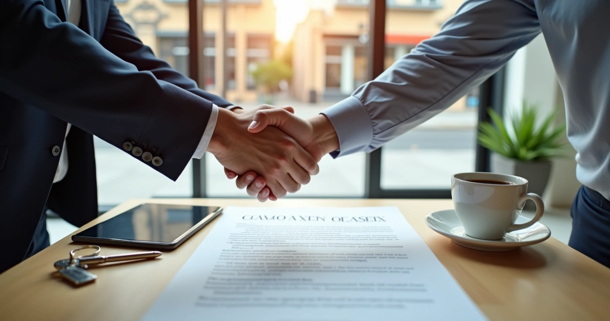 Duas pessoas assinando contrato de locação comercial em loja vazia pronta para reforma