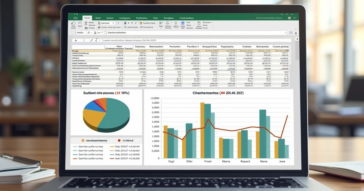 Gráfico de barras e pizza em planilha Excel com indicadores de aluguel, despesas e inadimplência