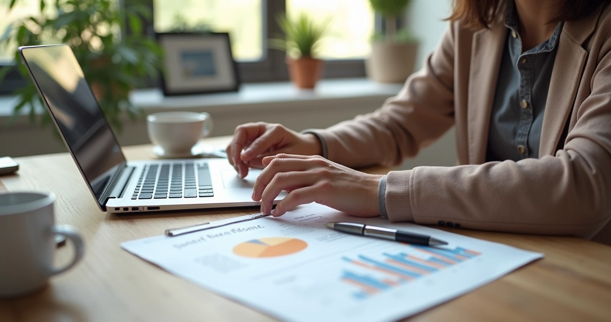 Proprietário utilizando calculadora e computador para definir valor de aluguel com gráficos e contrato ao lado