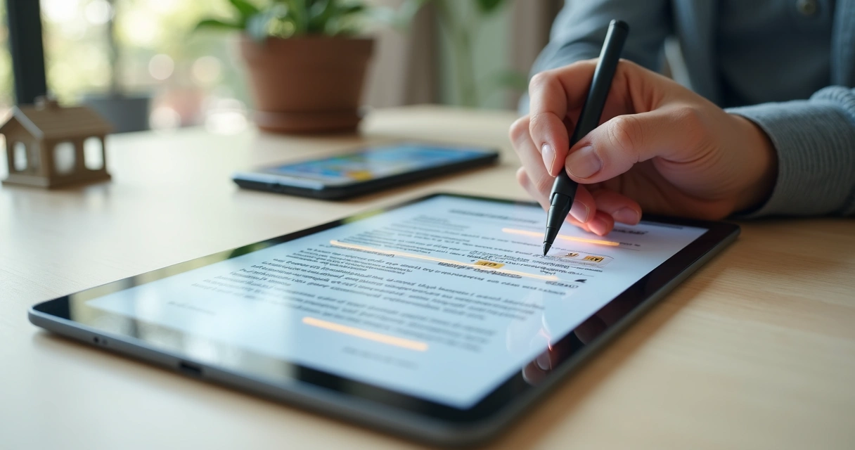 Mão assinando digitalmente contrato de aluguel em tablet com ícone de certificado digital