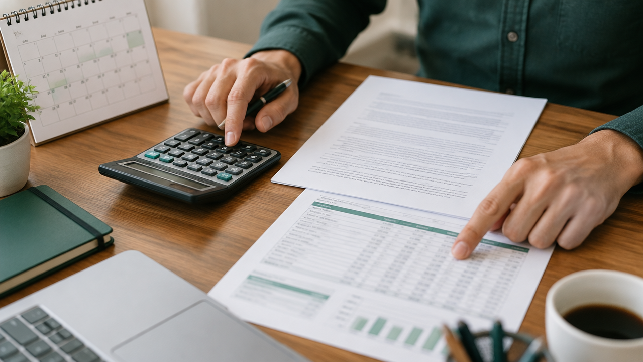 Calculadora e contrato usados para demonstrar a apuração diária de multa e juros de aluguel