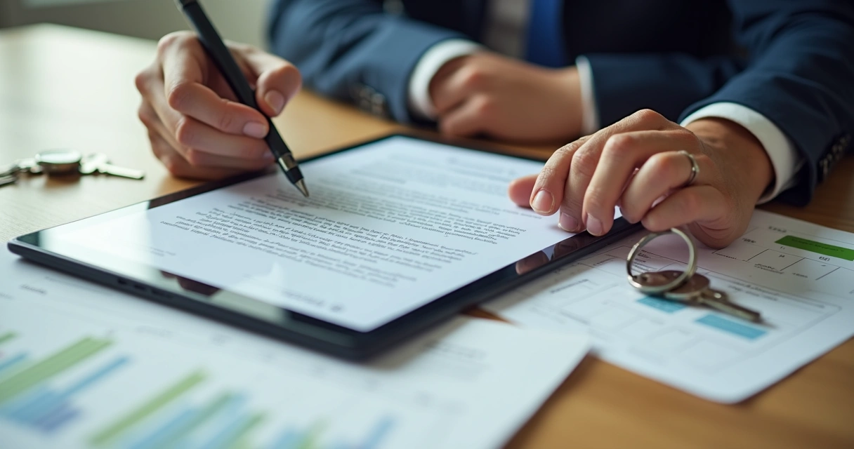 Pessoa assinando contrato digital em tablet, com documentos e chave de imóvel ao lado