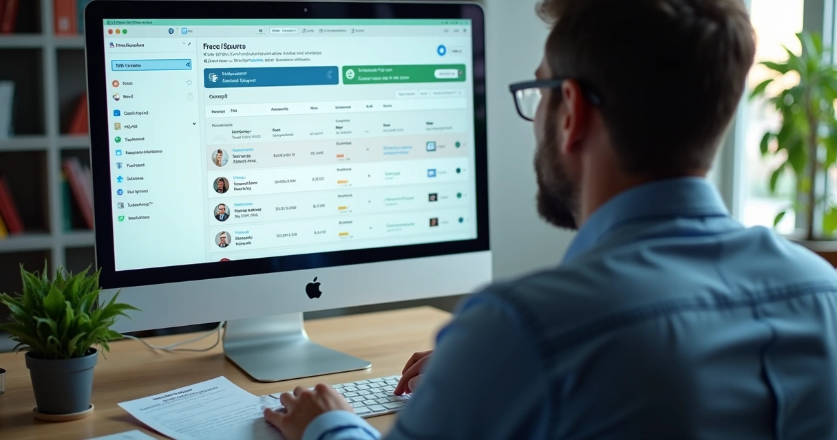 Gestor acessando relatório digital de inadimplência e notificações em notebook