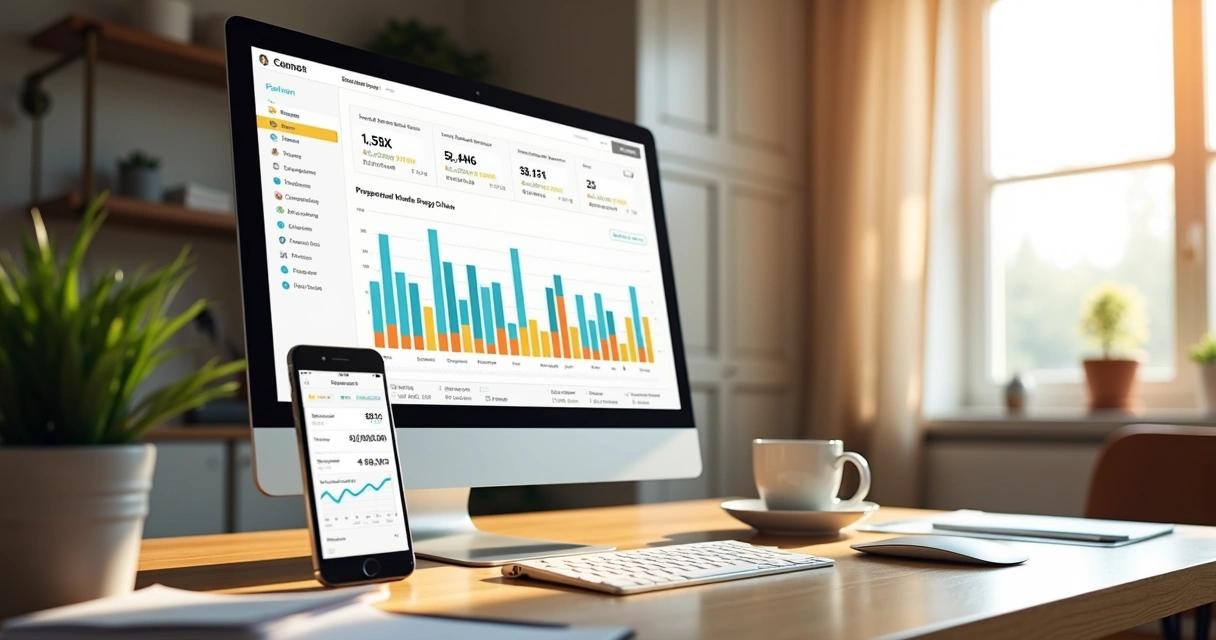 Tela de dashboard moderna de aplicativo de aluguel de casas com gráficos e lista de pagamentos 