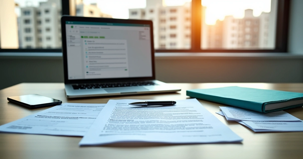 Mesa organizada com documentos de locação de imóvel e laptop aberto