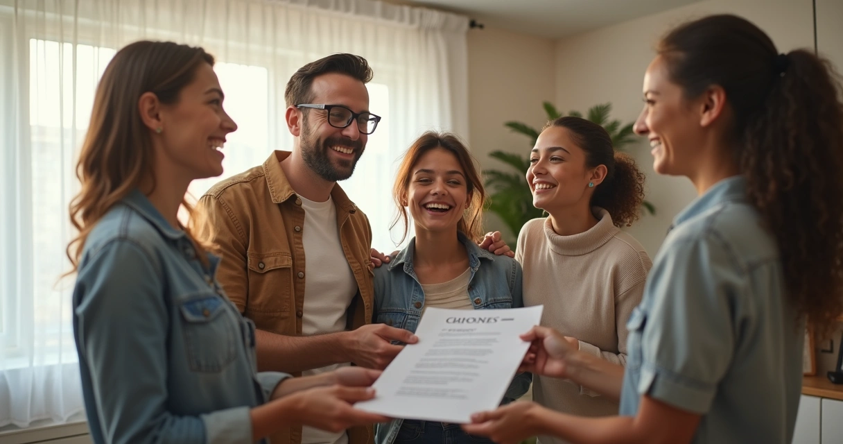 Família recebendo aprovação para contrato de aluguel