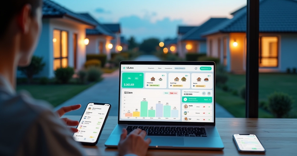 Gestor imobiliário usando sistema de locação de casas em laptop com casas destacadas ao fundo
