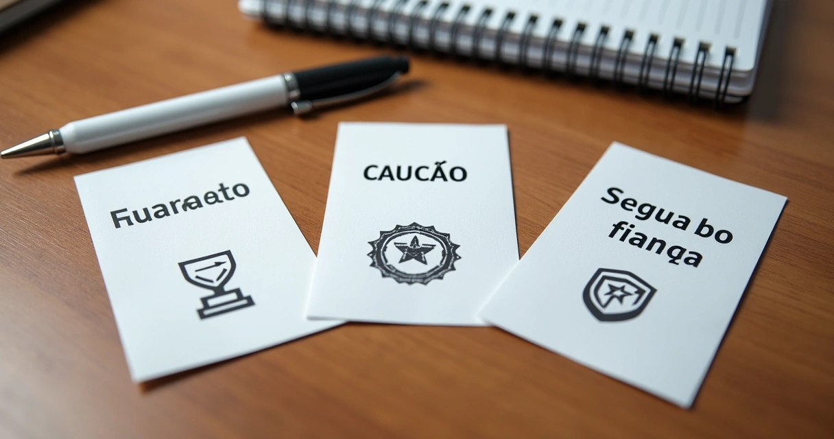 Três cartões sobre mesa, cada um com tipo de garantia locatícia diferente