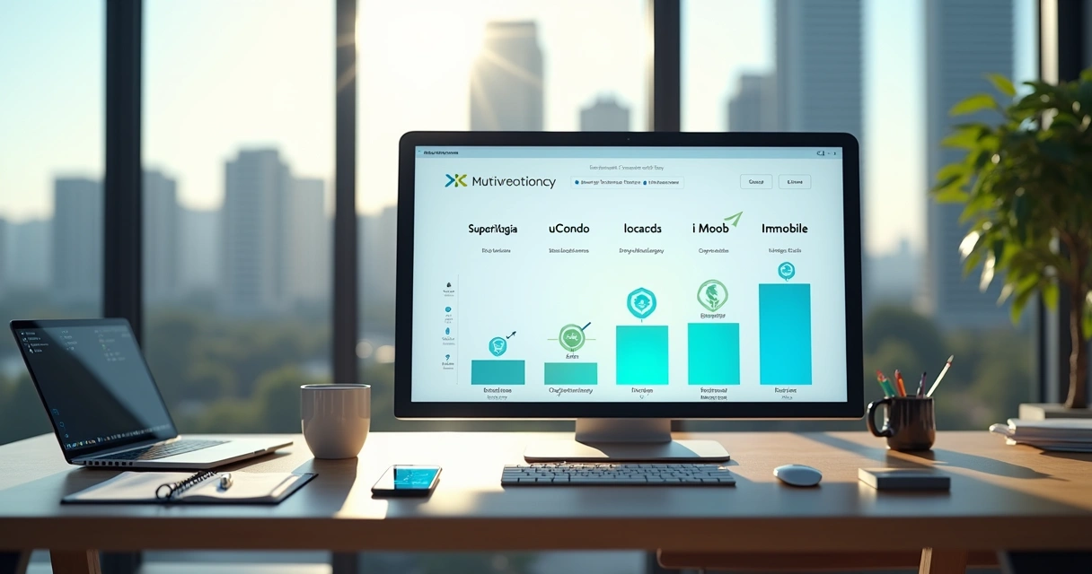 Tela de computador comparando plataformas de ERP de locação imobiliária em painel moderno