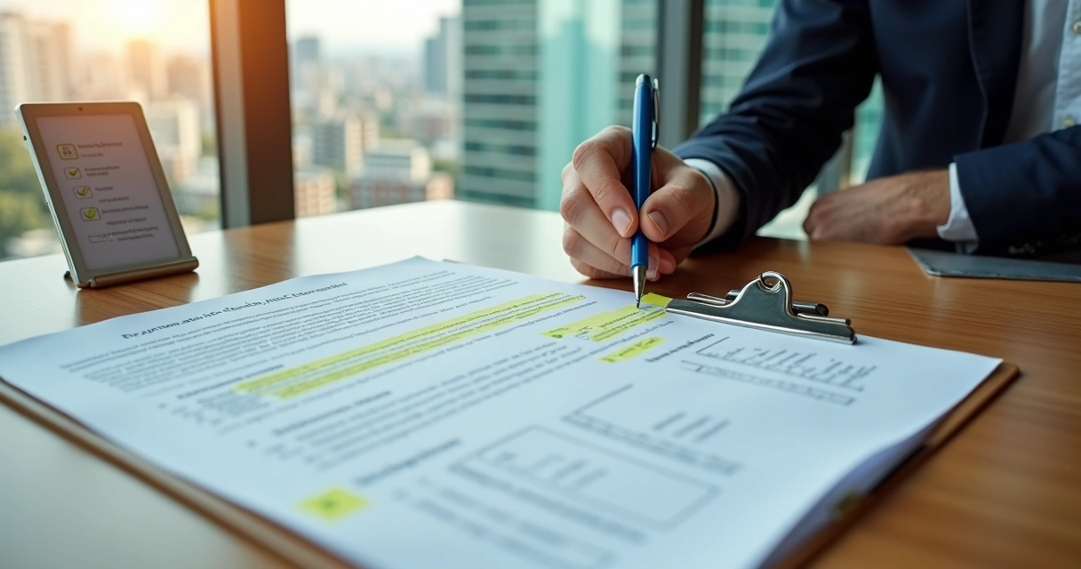 Advogada revisando checklist de cláusulas em contrato de aluguel impresso