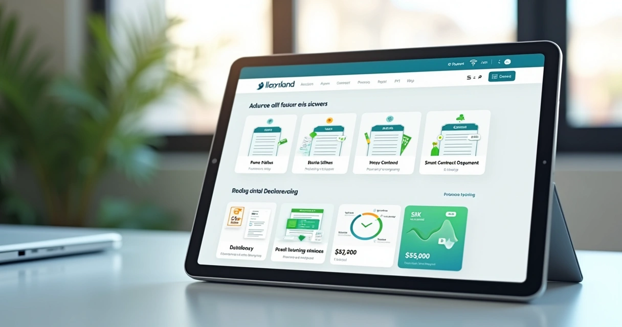 Tela de aplicativo moderno mostrando gestão de aluguéis com contratos digitais e controle financeiro