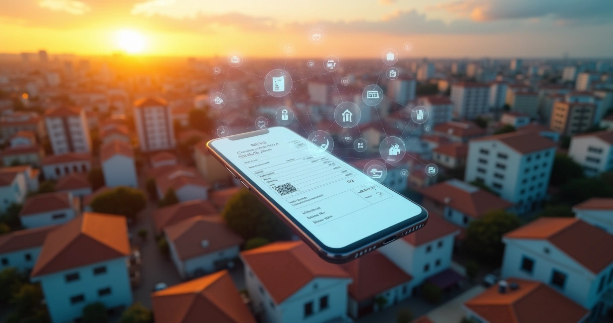 Tela de celular com nota fiscal de aluguel digital sobre mapa da cidade