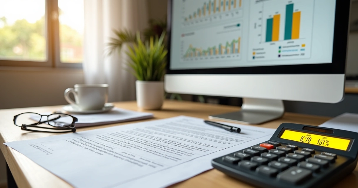 Mesa com contrato de aluguel marcado e calculadora com gráfico de índices imobiliários