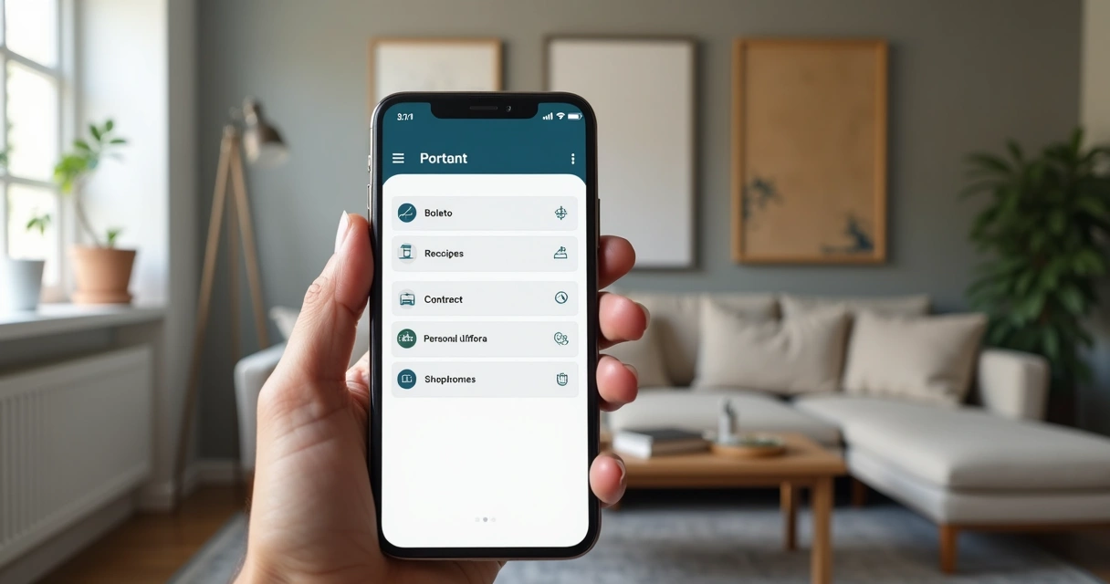Portal digital do inquilino em celular, mostrando boletos e contratos