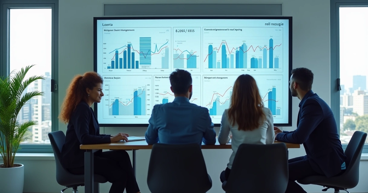 Equipe analisando dados de imóveis em tela grande 
