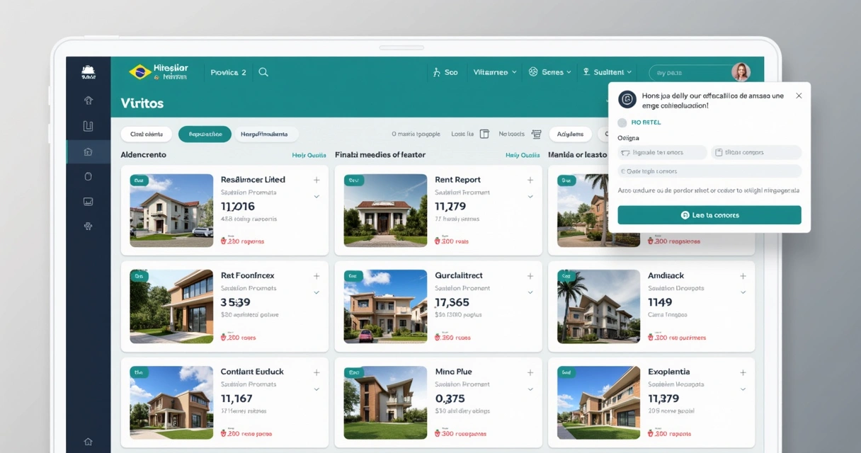 Tela de software de gestão imobiliária mostrando múltiplos imóveis cadastrados
