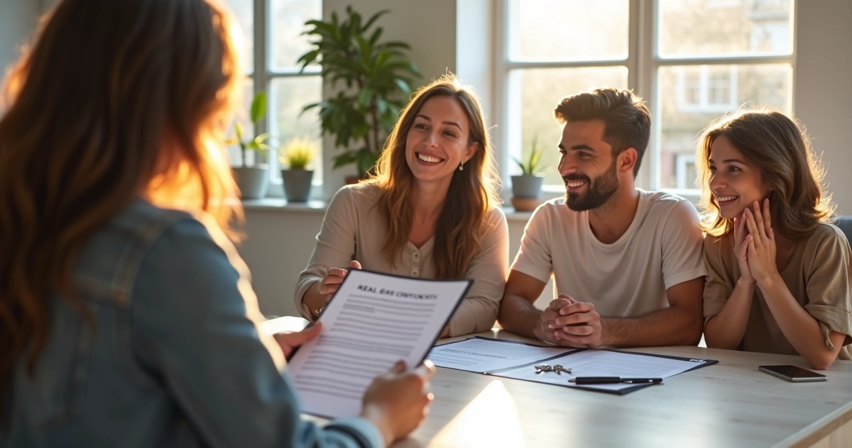 Família feliz segurando chaves e contrato de aluguel, recebendo orientações imobiliárias em uma sala clara.