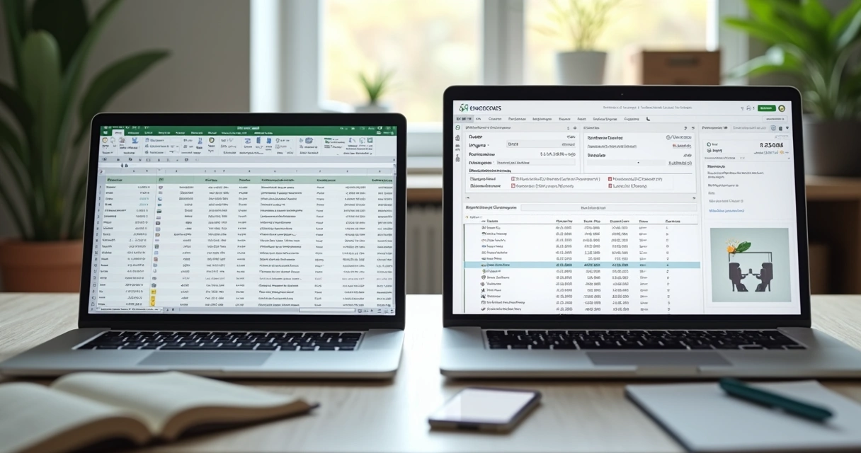 Dois notebooks lado a lado, um com Excel e outro com dashboard SaaS de gestão de aluguel