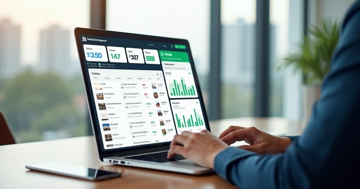 Tela de software de controle de aluguel com proprietário analisando dashboard de imóveis