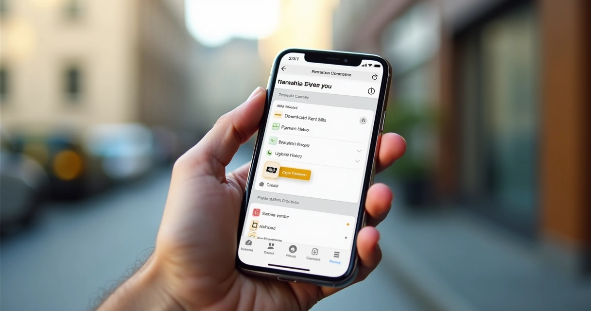 Tela de app de portal do inquilino no celular com boletos, recibos e contatos 