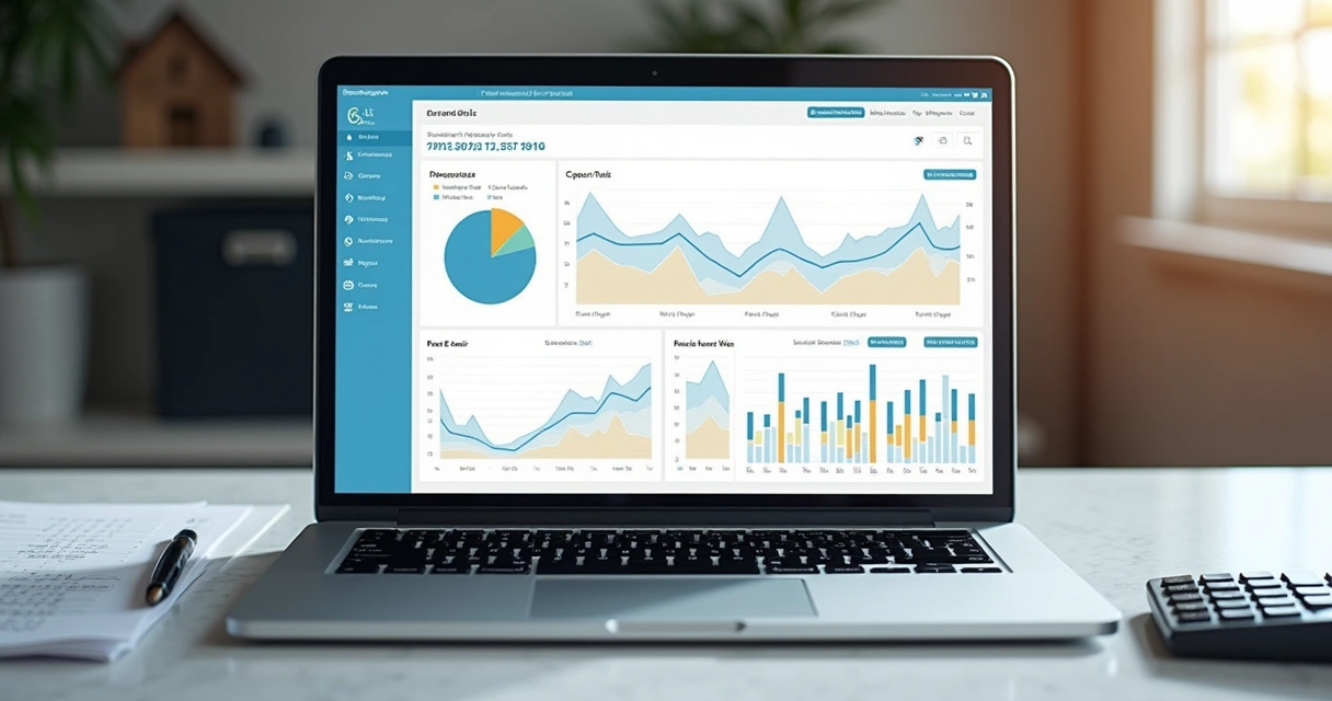 Planilha de relatórios de aluguel digitais aberta no notebook com gráficos e dados