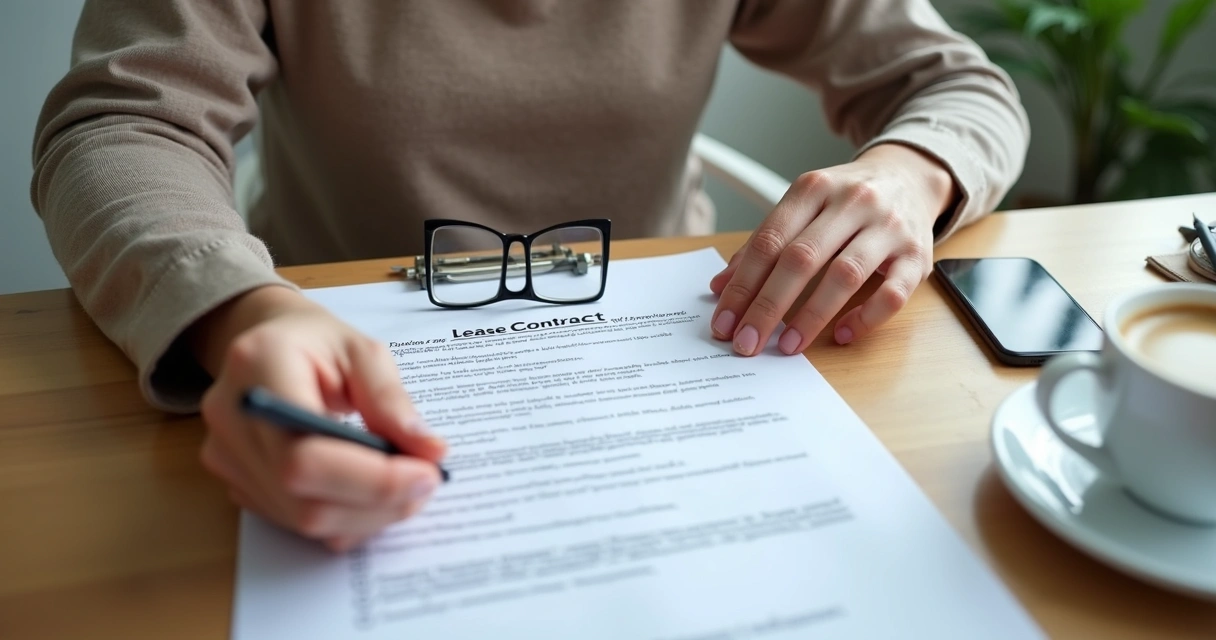 Pessoa consultando documentos e checklist de dúvidas sobre contrato de locação