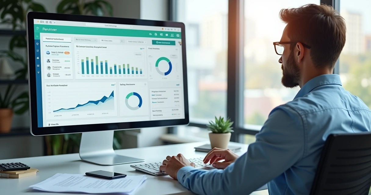 Gestor imobiliário analisando contratos e pagamentos no computador com painel digital de controle de aluguéis ao fundo